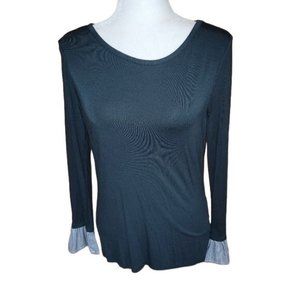 Vince Camuto Women's Size Small Fluted Sleeve Pull Over Top Forest Green Stripes